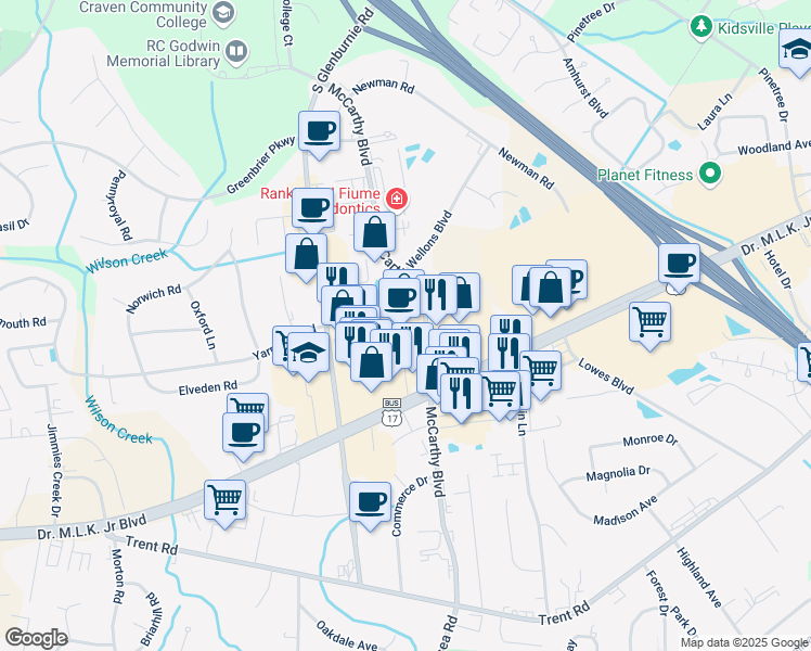 map of restaurants, bars, coffee shops, grocery stores, and more near 3410 Doctor Martin Luther King Junior Boulevard in New Bern