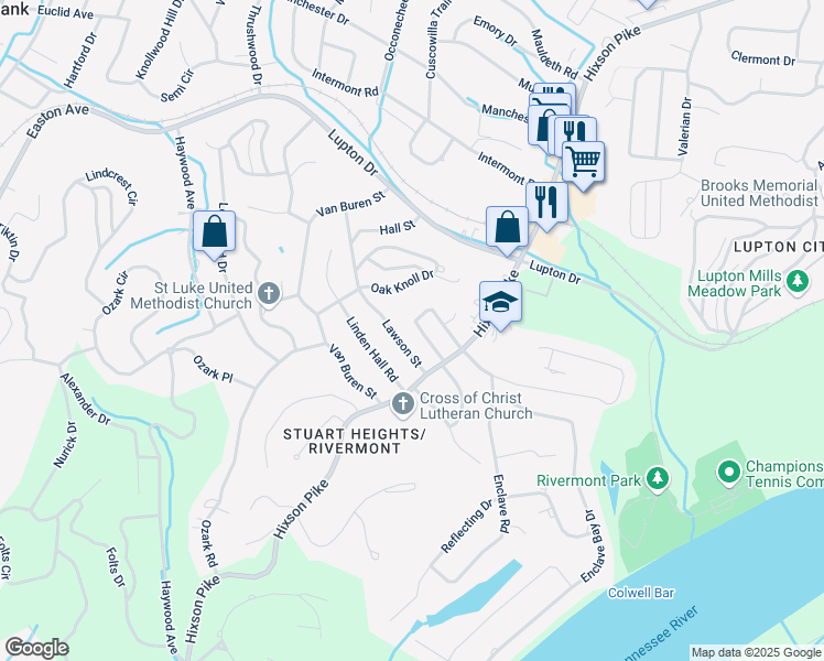 map of restaurants, bars, coffee shops, grocery stores, and more near 3319 Black Oak Circle in Chattanooga