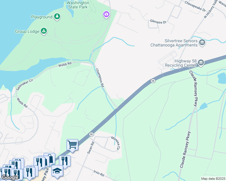 map of restaurants, bars, coffee shops, grocery stores, and more near 5145 Turkey Foot Trail in Chattanooga
