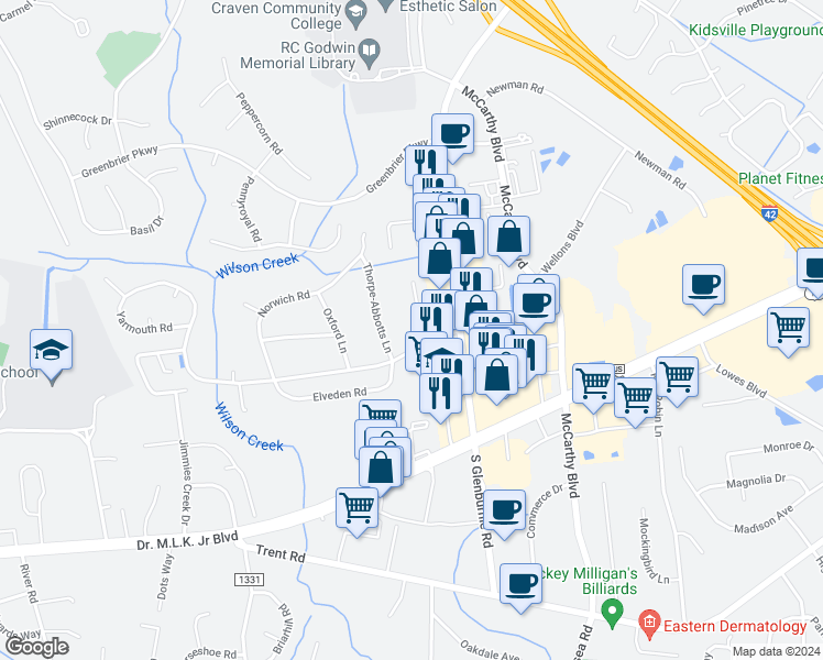 map of restaurants, bars, coffee shops, grocery stores, and more near 1513 College Way in New Bern