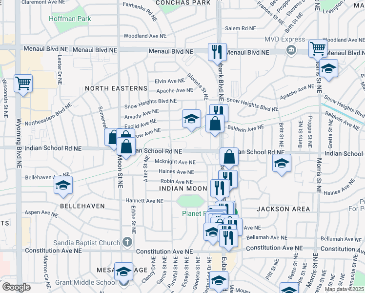 map of restaurants, bars, coffee shops, grocery stores, and more near 9717 Indian School Road Northeast in Albuquerque