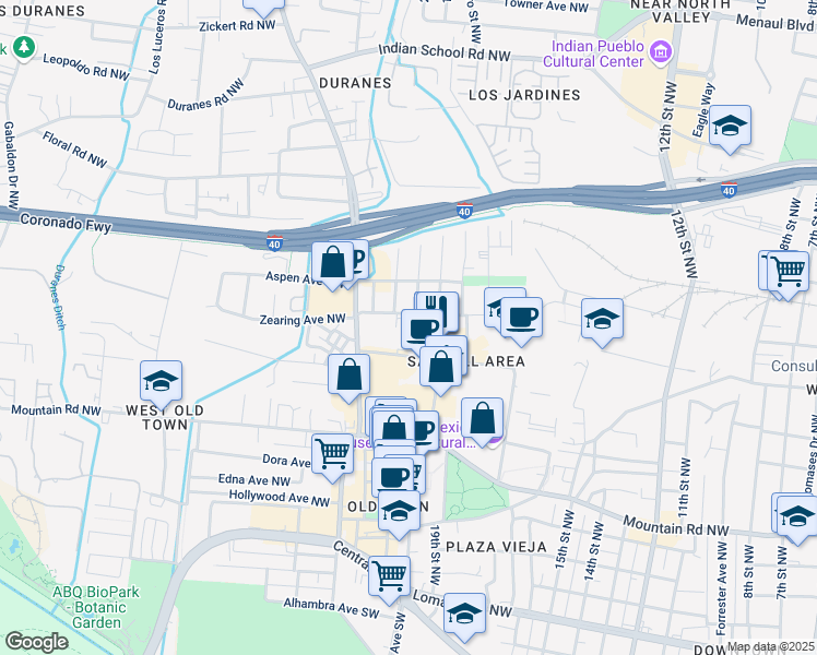 map of restaurants, bars, coffee shops, grocery stores, and more near 1921 Bellamah Ave NW in Albuquerque