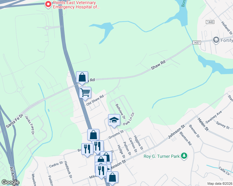 map of restaurants, bars, coffee shops, grocery stores, and more near Madrid Drive in Fayetteville