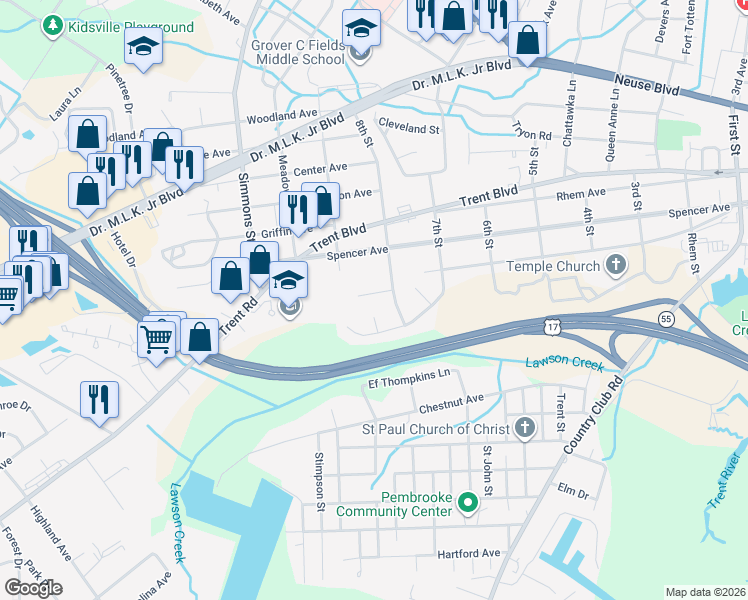 map of restaurants, bars, coffee shops, grocery stores, and more near 203 8th Street in New Bern