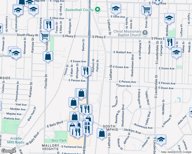 map of restaurants, bars, coffee shops, grocery stores, and more near 1674 Patton Street in Memphis