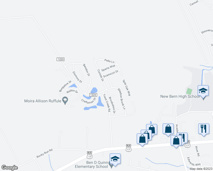 map of restaurants, bars, coffee shops, grocery stores, and more near 128 Corinth Drive in New Bern