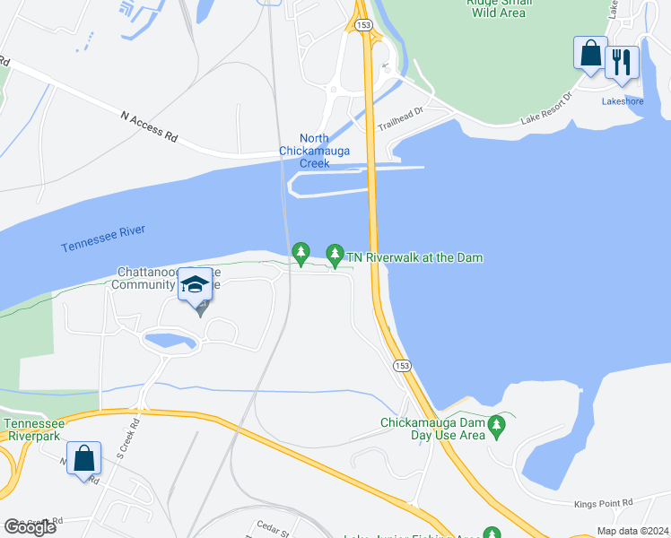 map of restaurants, bars, coffee shops, grocery stores, and more near Tennessee Riverwalk in Chattanooga