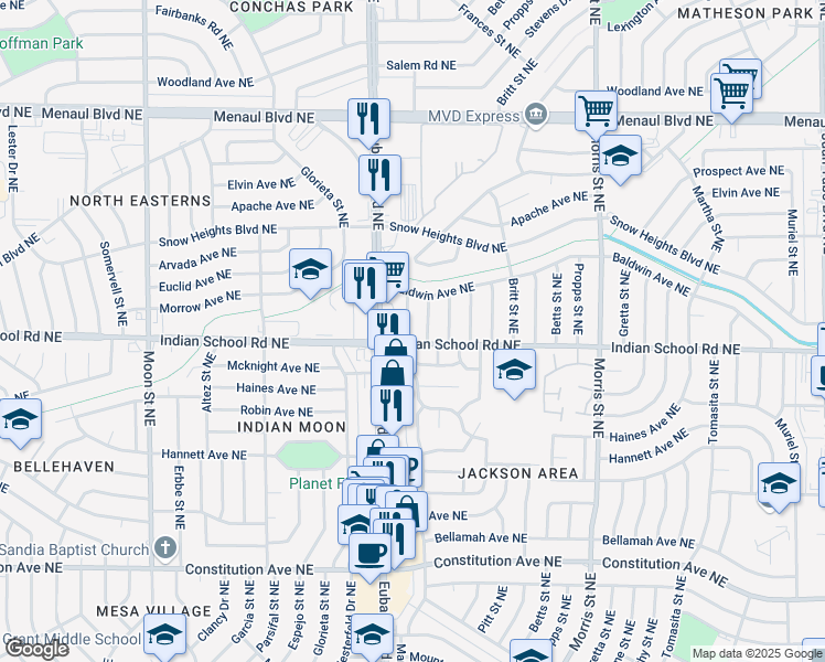 map of restaurants, bars, coffee shops, grocery stores, and more near 1733 Mary Ellen Street in Albuquerque