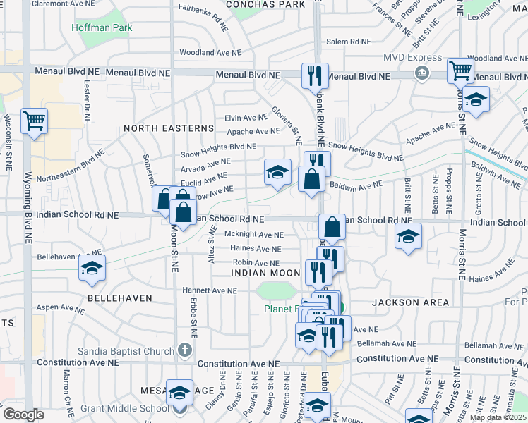 map of restaurants, bars, coffee shops, grocery stores, and more near 9724 Indian School Road Northeast in Albuquerque