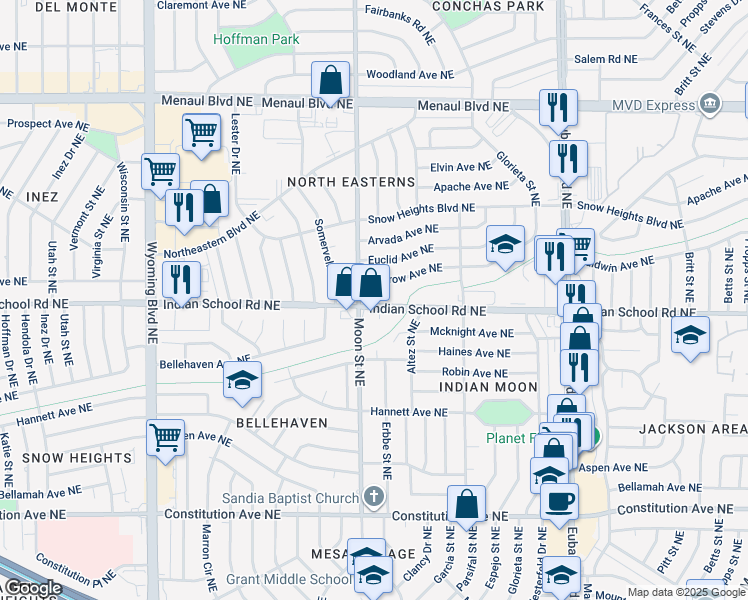 map of restaurants, bars, coffee shops, grocery stores, and more near 9430 Indian School Road Northeast in Albuquerque