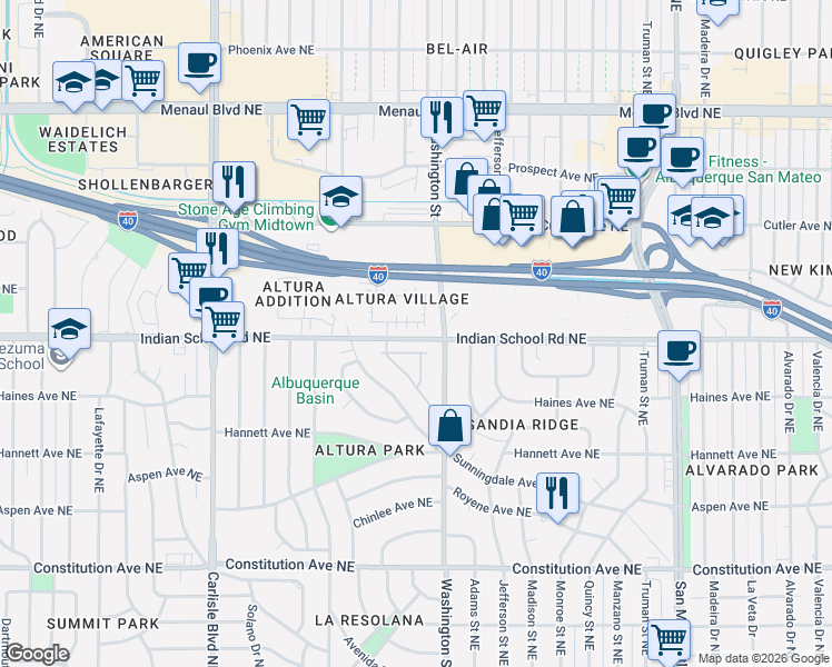 map of restaurants, bars, coffee shops, grocery stores, and more near 4304 Vía De Luna Northeast in Albuquerque
