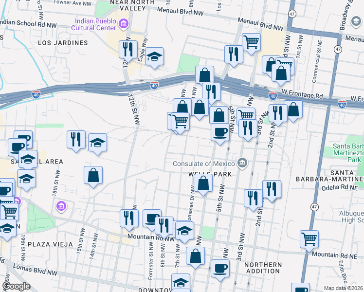 map of restaurants, bars, coffee shops, grocery stores, and more near 736 Aspen Avenue Northwest in Albuquerque