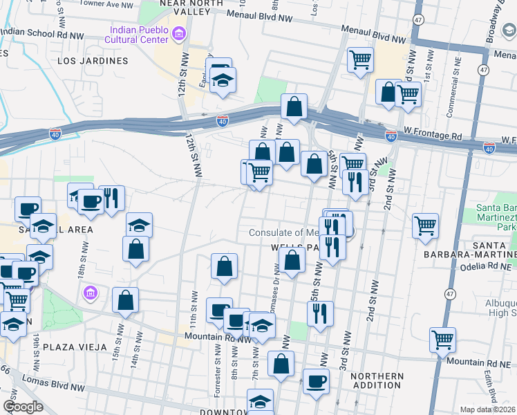 map of restaurants, bars, coffee shops, grocery stores, and more near 822 Aspen Avenue Northwest in Albuquerque