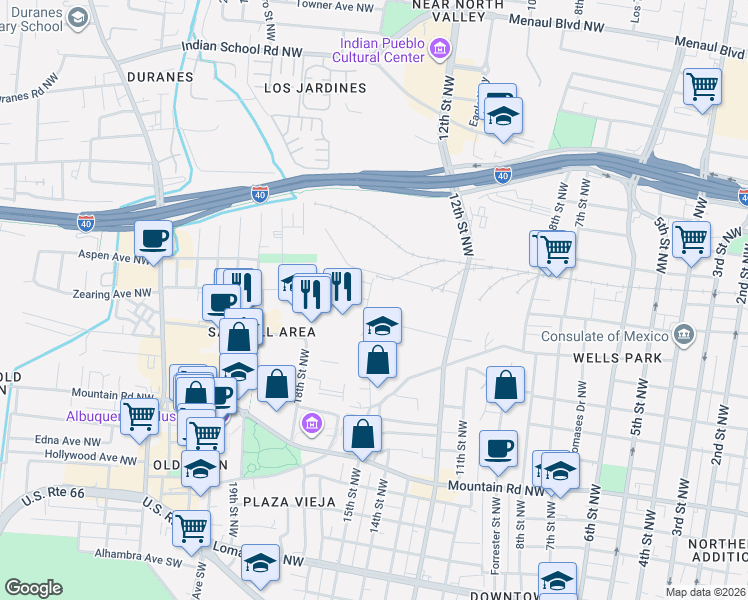 map of restaurants, bars, coffee shops, grocery stores, and more near 1400 Lumberton Drive Northwest in Albuquerque