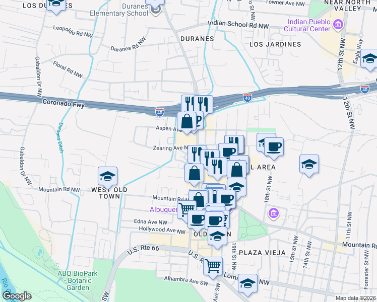map of restaurants, bars, coffee shops, grocery stores, and more near 806 Southeast Circle Northwest in Albuquerque