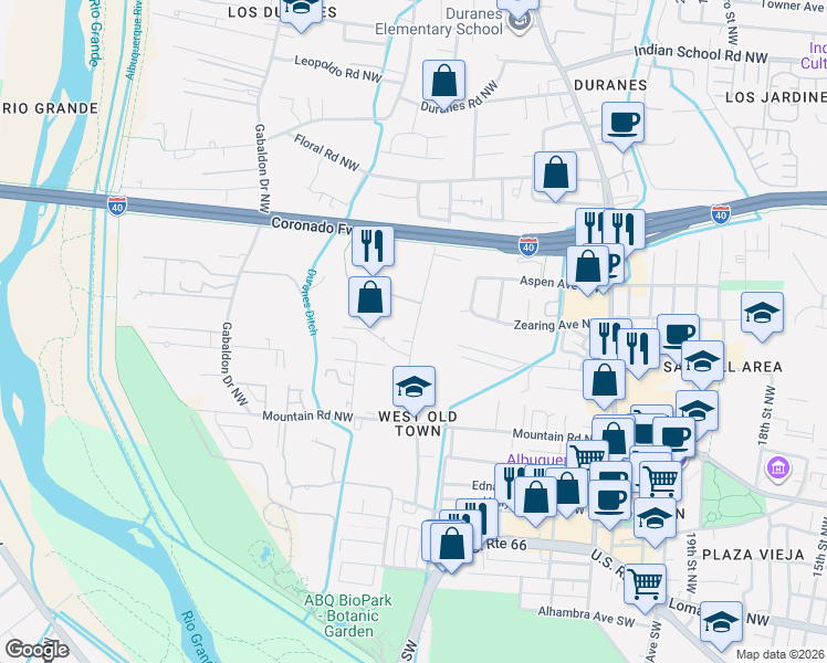 map of restaurants, bars, coffee shops, grocery stores, and more near 812 Montoya Street Northwest in Albuquerque