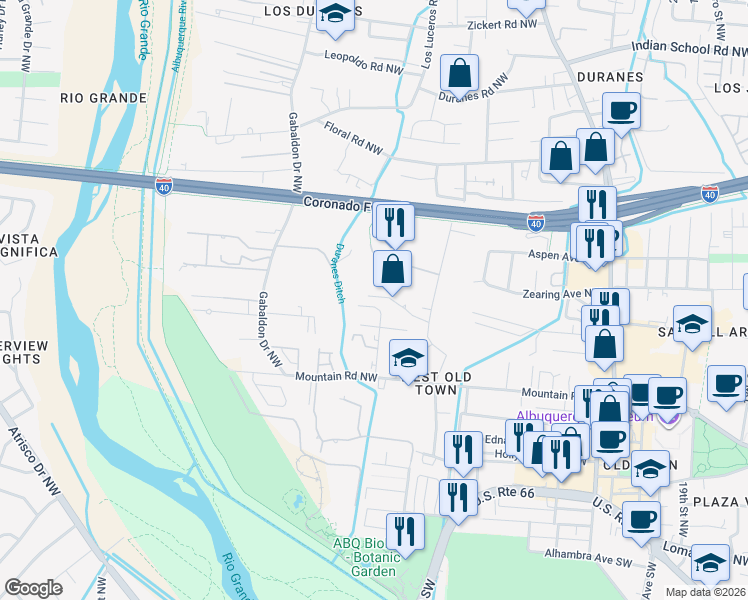 map of restaurants, bars, coffee shops, grocery stores, and more near 2913 Azar Place Northwest in Albuquerque
