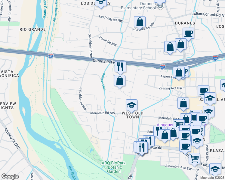map of restaurants, bars, coffee shops, grocery stores, and more near 2913 Azar Place Northwest in Albuquerque