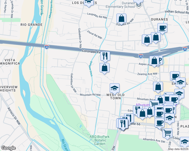 map of restaurants, bars, coffee shops, grocery stores, and more near 2913 Azar Place Northwest in Albuquerque