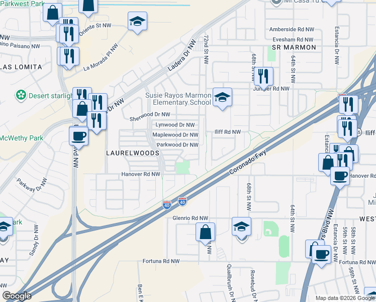map of restaurants, bars, coffee shops, grocery stores, and more near in Albuquerque