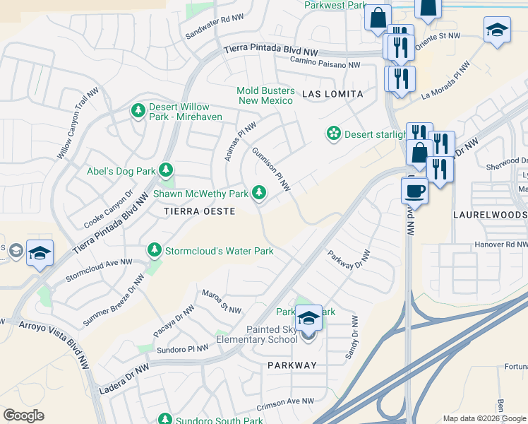 map of restaurants, bars, coffee shops, grocery stores, and more near 99999 Casa Verde Avenue Northwest in Albuquerque