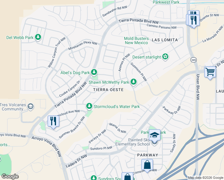 map of restaurants, bars, coffee shops, grocery stores, and more near 1824 Summer Breeze Drive Northwest in Albuquerque