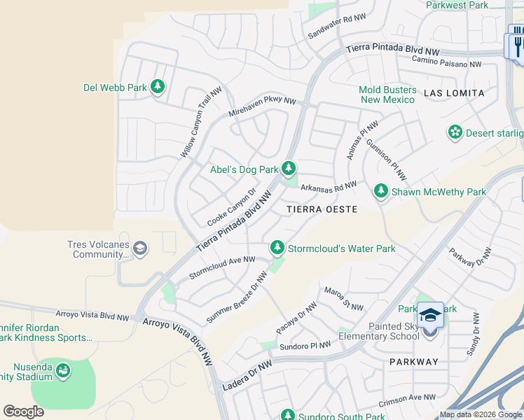 map of restaurants, bars, coffee shops, grocery stores, and more near 1620 Sunny Morning Drive Northwest in Albuquerque