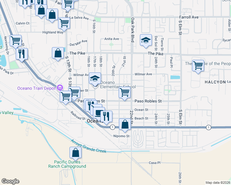 map of restaurants, bars, coffee shops, grocery stores, and more near 1675 21st Street in Oceano