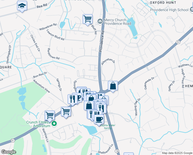 map of restaurants, bars, coffee shops, grocery stores, and more near 3025 Springbank Lane in Charlotte