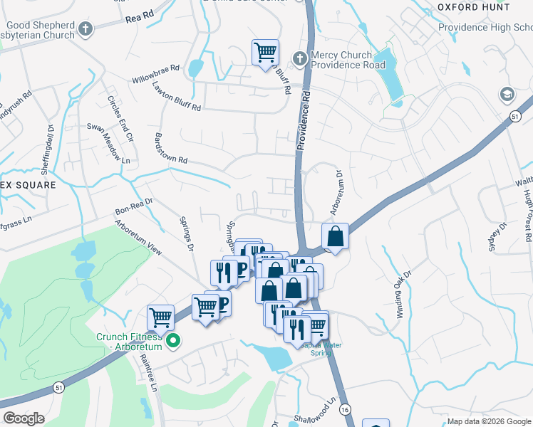 map of restaurants, bars, coffee shops, grocery stores, and more near 3135 Springbank Lane in Charlotte