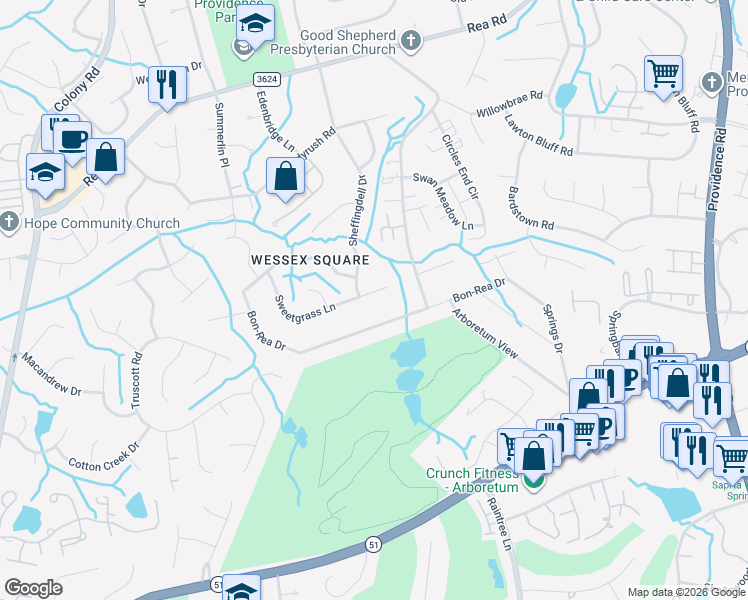 map of restaurants, bars, coffee shops, grocery stores, and more near 3600 Bon-Rea Drive in Charlotte