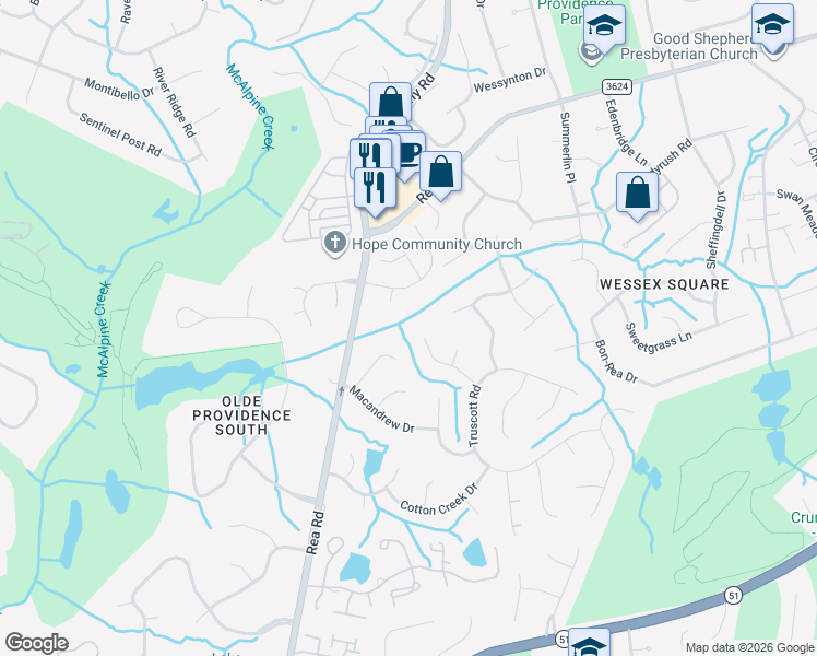 map of restaurants, bars, coffee shops, grocery stores, and more near 4604 Twynham Lane in Charlotte