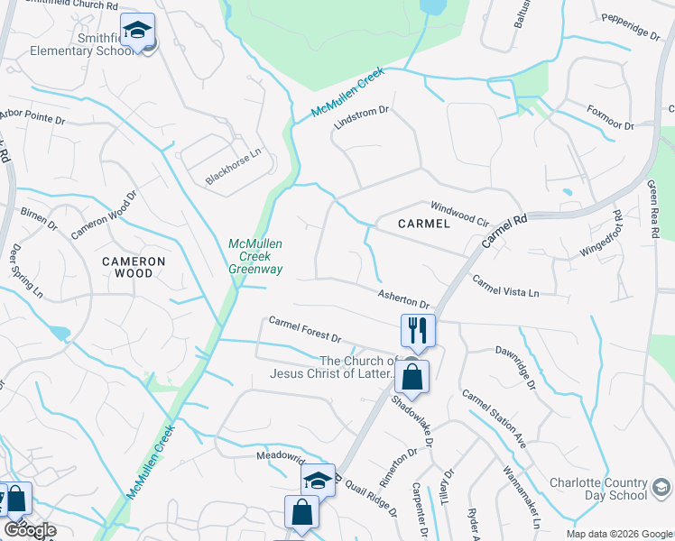 map of restaurants, bars, coffee shops, grocery stores, and more near 4208 Asherton Drive in Charlotte
