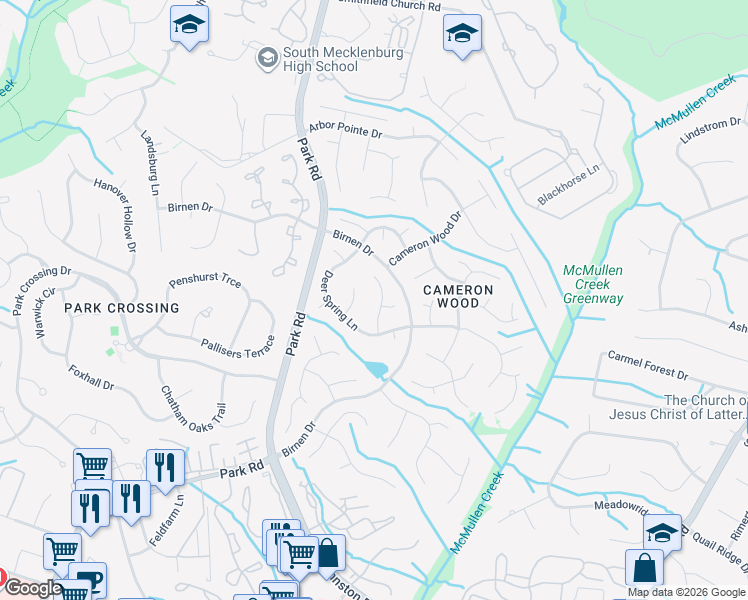 map of restaurants, bars, coffee shops, grocery stores, and more near 9706 Rainsong Court in Charlotte