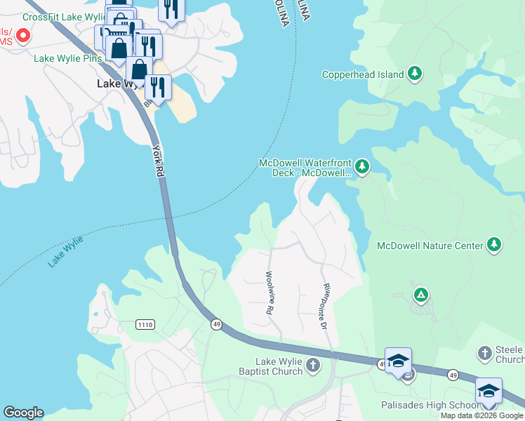 map of restaurants, bars, coffee shops, grocery stores, and more near 16108 Woolwine Road in Charlotte