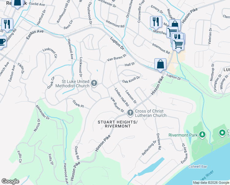 map of restaurants, bars, coffee shops, grocery stores, and more near 3122 Ozark Road in Chattanooga