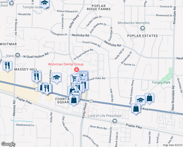 map of restaurants, bars, coffee shops, grocery stores, and more near 1723 Port Oak Place in Memphis