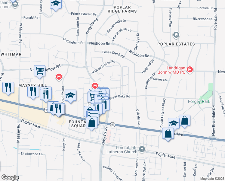 map of restaurants, bars, coffee shops, grocery stores, and more near 1723 Port Oak Place in Memphis