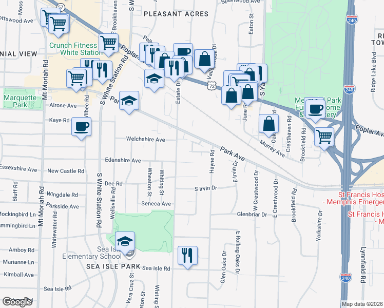 map of restaurants, bars, coffee shops, grocery stores, and more near 5363 Edenshire Cove in Memphis