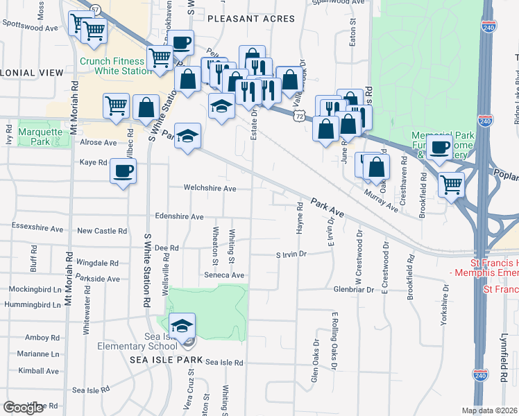 map of restaurants, bars, coffee shops, grocery stores, and more near 1109 Estate Drive in Memphis