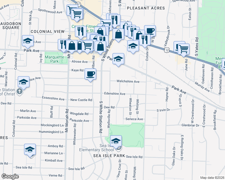 map of restaurants, bars, coffee shops, grocery stores, and more near 5185 Edenshire Avenue in Memphis