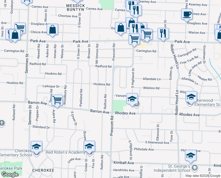 map of restaurants, bars, coffee shops, grocery stores, and more near 1106 Prescott Street in Memphis