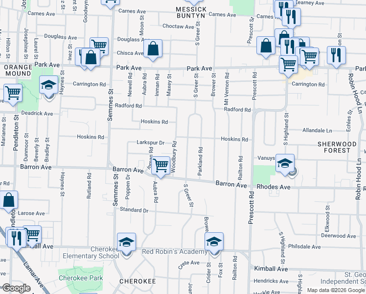 map of restaurants, bars, coffee shops, grocery stores, and more near 1107 South Greer Street in Memphis