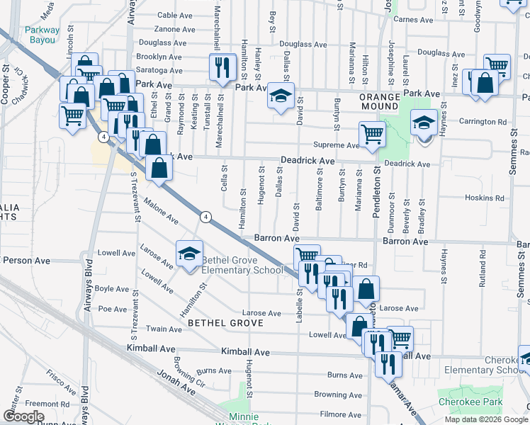 map of restaurants, bars, coffee shops, grocery stores, and more near 1602 Dallas Street in Memphis