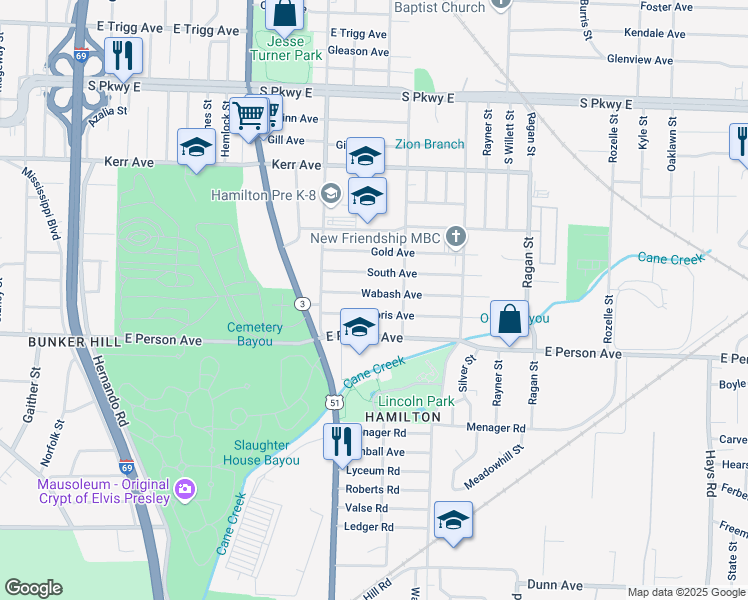 map of restaurants, bars, coffee shops, grocery stores, and more near 1385 Doris Avenue in Memphis