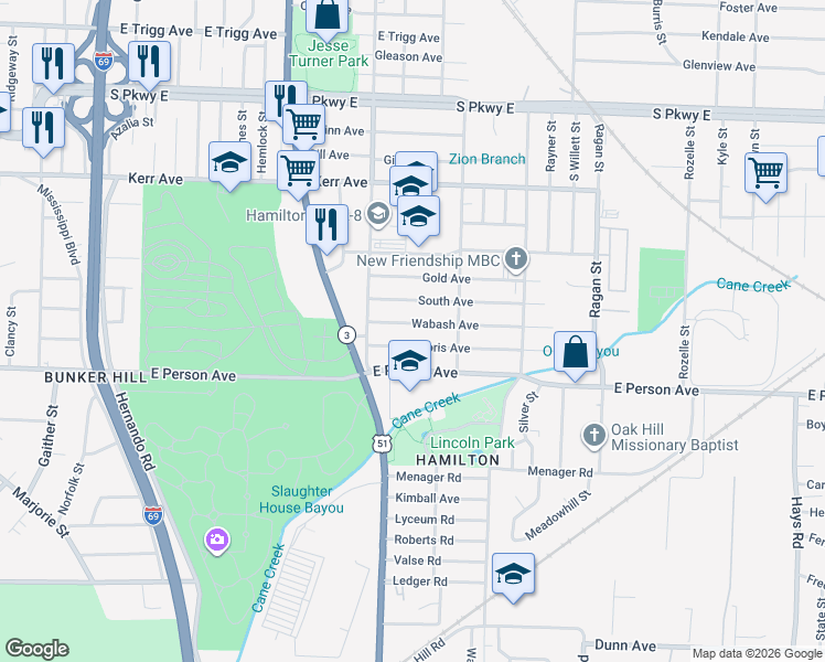 map of restaurants, bars, coffee shops, grocery stores, and more near 1385 Doris Avenue in Memphis