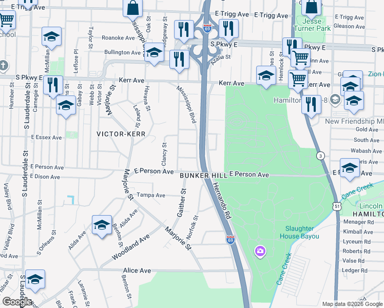 map of restaurants, bars, coffee shops, grocery stores, and more near 973 Doris Avenue in Memphis