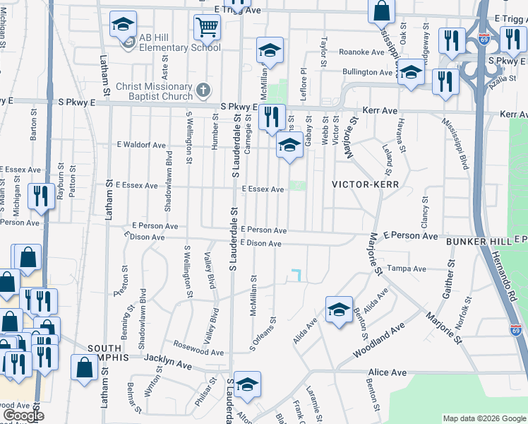 map of restaurants, bars, coffee shops, grocery stores, and more near 1670 Ely Street in Memphis