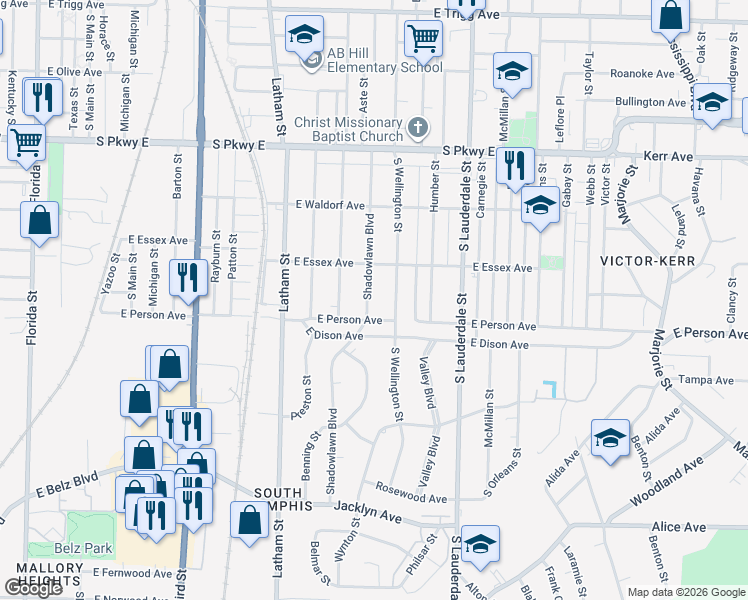 map of restaurants, bars, coffee shops, grocery stores, and more near 1670 Shadowlawn Boulevard in Memphis
