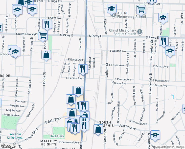 map of restaurants, bars, coffee shops, grocery stores, and more near 1674 Patton Street in Memphis